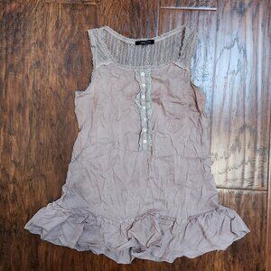 Lilac-grayish pastel silk and lace ruffle tunic